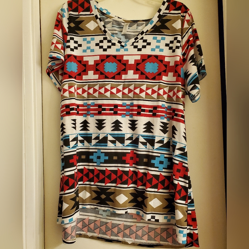 LuLaRoe Aztec Print Tee — Red, Turquoise, Black, Olive, Cream